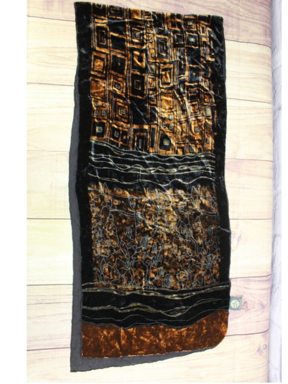 Cocoon House Silk Blend Burnout Velvet Scarf Brown Geometric Floral 13x60"
